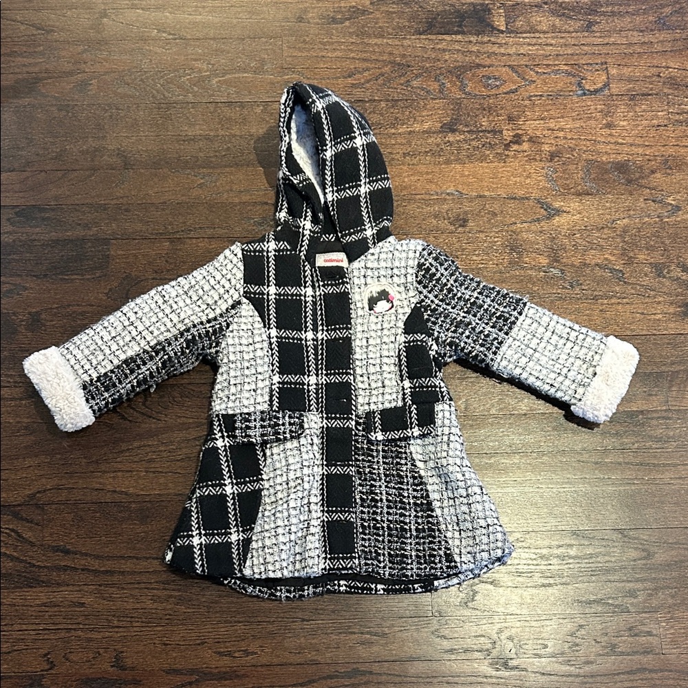 Catimini Girls Black and Grey Plaid Hooded Coat Size 4
